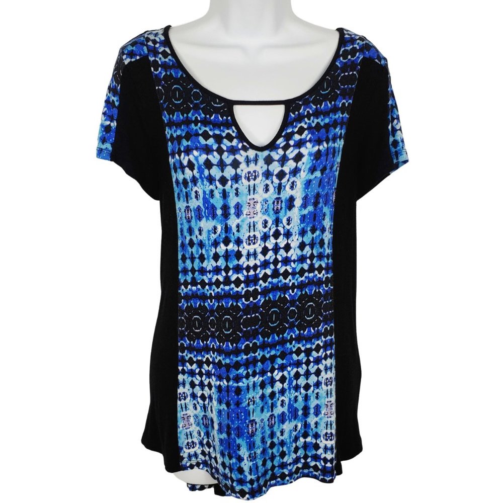 Cable & Gauge Short Sleeve Abstract Printed Long Tunic Top Blue Women's Medium